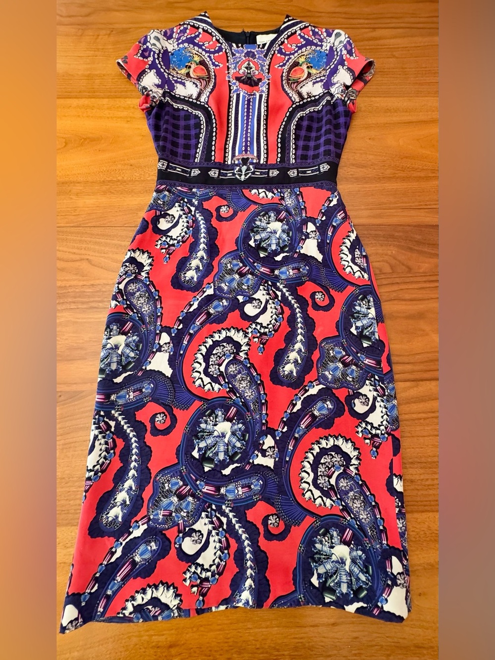 MARY KATRANTZOU Red, Purple & Navy Graphic Printed Silk Sheath Dress, Size 4